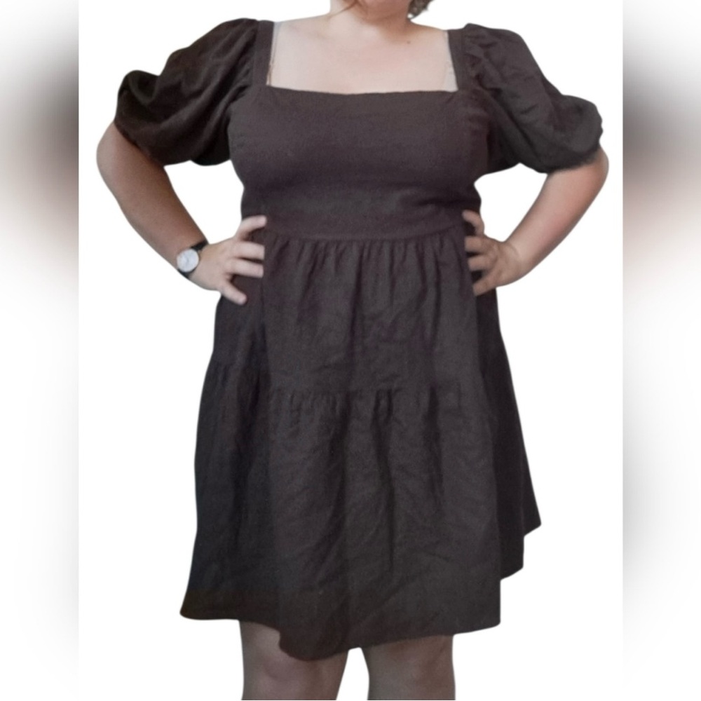 House of Harlow Brown Puff Sleeve Linen Mini Dress - Size XL